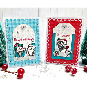 Sunny Studio Red & Turquoise Penguin Scalloped Holiday Christmas Card (using Penguin Party 4x6 Clear Stamps)