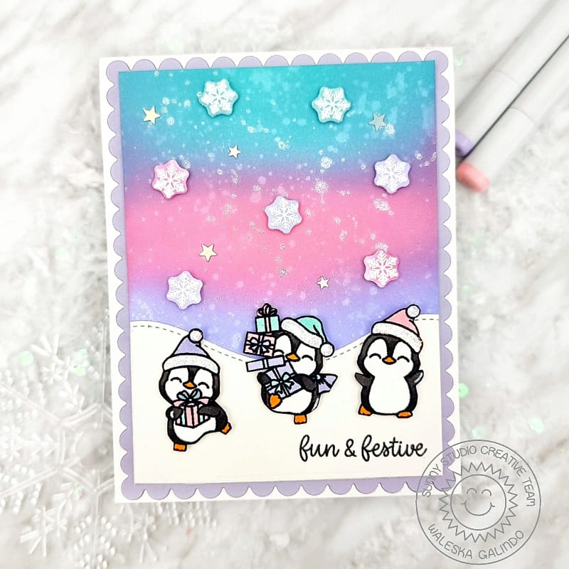 Sunny Studio Pink, Purple & Blue Penguins with Gifts at North Pole Holiday Christmas Card (using Penguin Party 4x6 Clear Stamps)