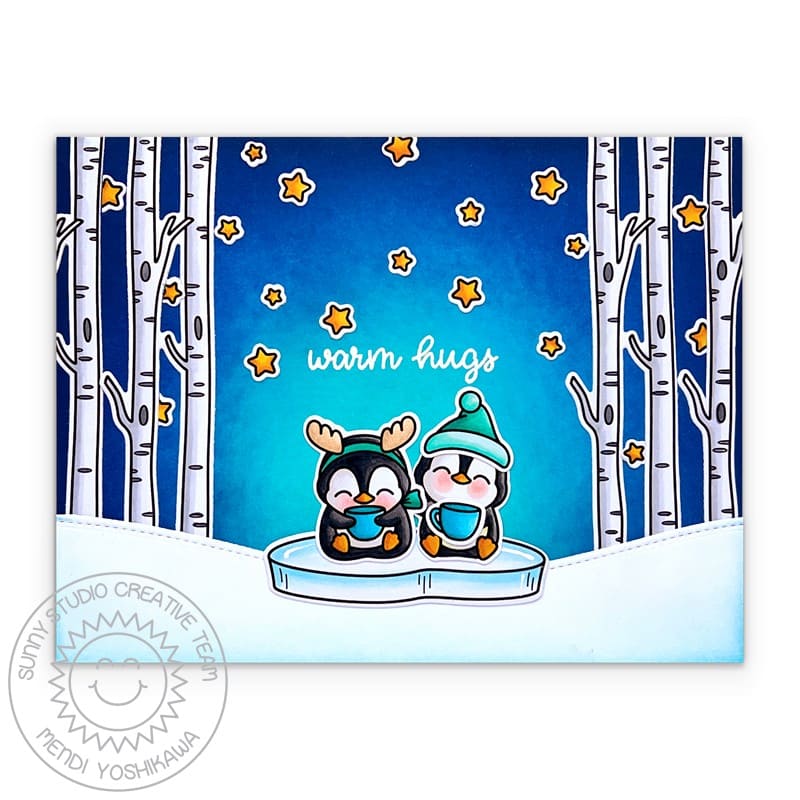 Sunny Studio Warm Hugs Penguins with Hot Cocoa, Ice Block & Birch Trees Winter Holiday Card (using Bear Hugs 4x6 Clear Stamps)