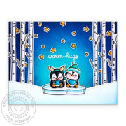 Sunny Studio Warm Hugs Penguins Drinking Hot Cocoa in Snow Winter Holiday Card (using Penguin Party 4x6 Clear Stamps)