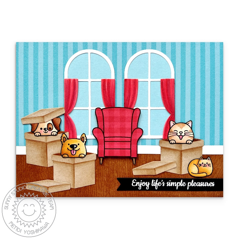 Sunny Studio Stamps Life's Simple Pleasures Cat & Dogs in Cardboard Boxes Card (using Wonderful Windows Metal Cutting Dies)