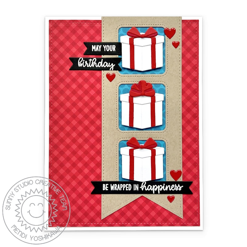 Sunny Studio Stamps May Your Birthday Be Wrapped In Happiness 3 Presents with Red Bows Card (using Perfect Gift Boxes Dies)