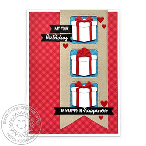 Sunny Studio Stamps May Your Birthday Be Wrapped In Happiness 3 Gifts with Red Bows Card (using Fishtail Banner Cutting Dies)