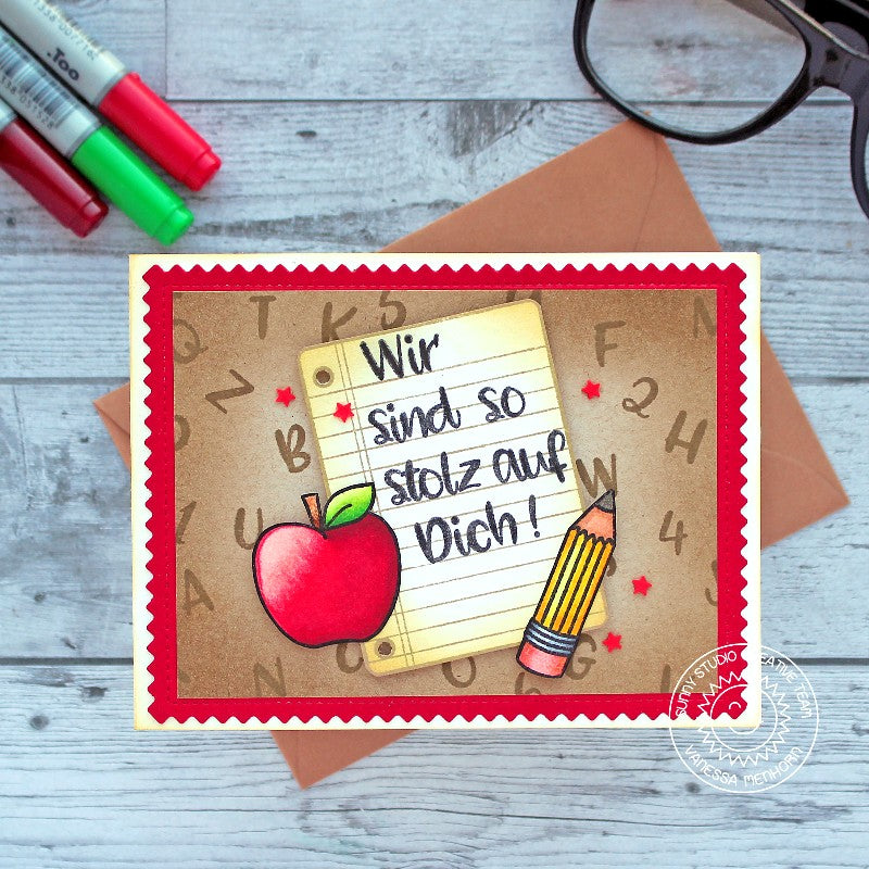 Sunny Studio School Themed Pencil & Apple Card with custom German greeting using Phoebe Alphabet Clear Photopolymer Stamps