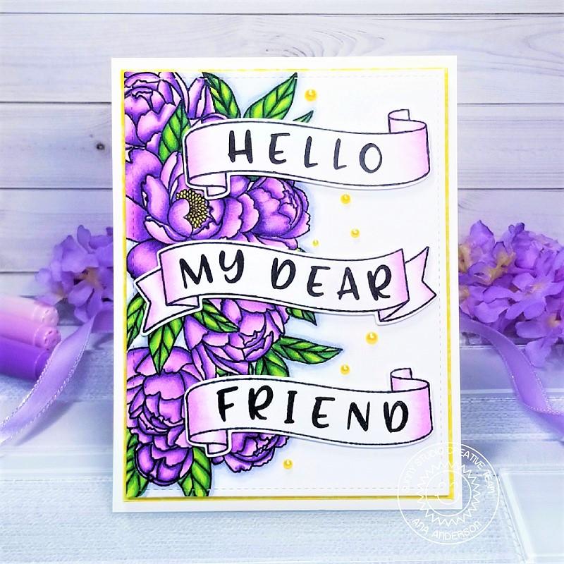 Sunny Studio Hello My Dear Friend Purple Peony Handmade Card with Custom Sentiment Greeting (using Phoebe 4x6 Clear Stamps)