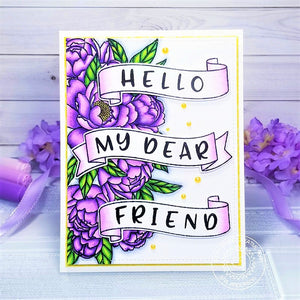Sunny Studio Hello My Dear Friend Purple Peonies Peony Handmade Card (using Banner Basics Clear Stamps)