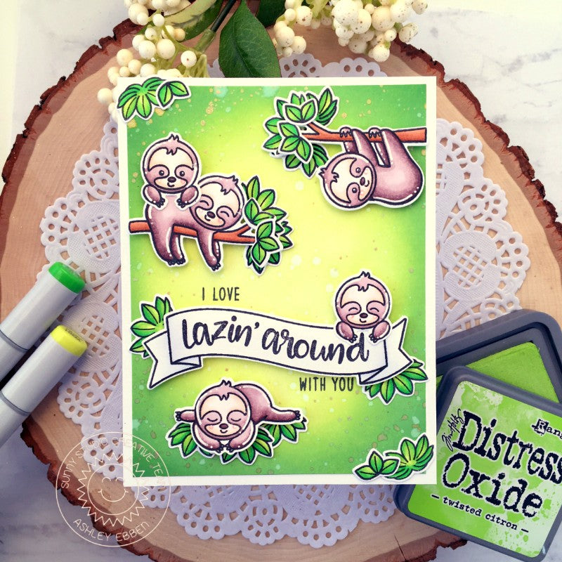 Sunny Studio Silly Sloths Jungle Themed Handmade Card with custom sentiment by Ashley Ebben using Phoebe Alphabet Stamps