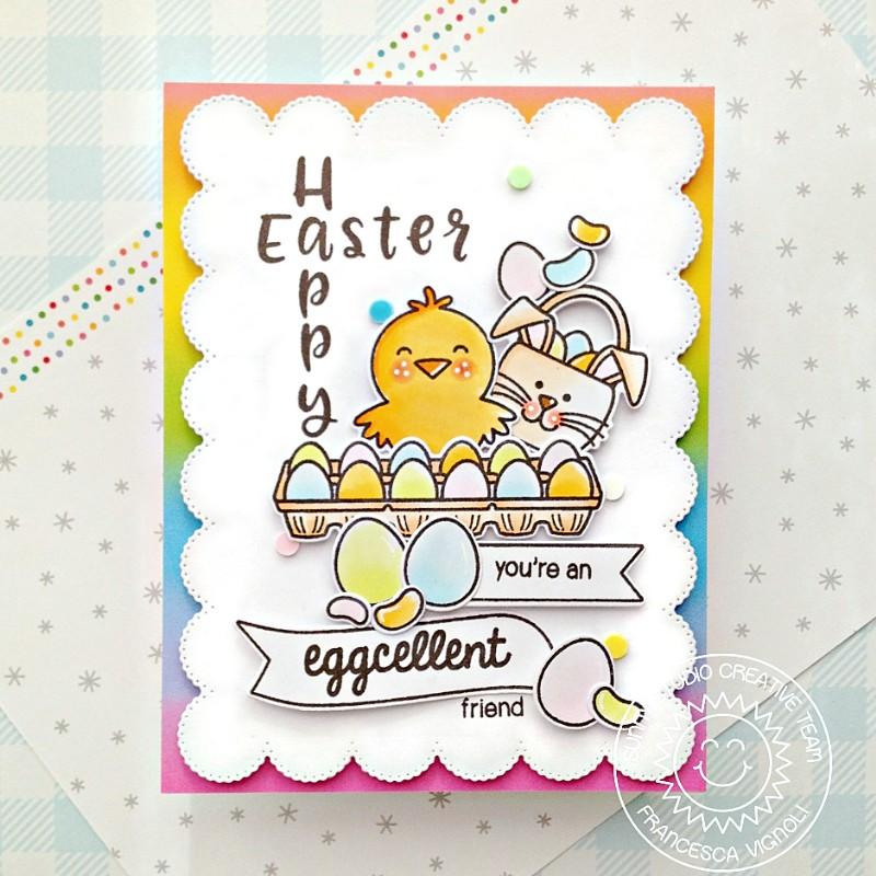 Sunny Studio Stamps Scalloped Happy Easter Chick & Egg Carton Spring Card using Frilly Frames Eyelet Lace Metal Cutting Dies