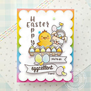 Sunny Studio Happy Easter Spring Chick with Rainbow Eggs Card with Custom Greeting using Phoebe Alphabet 4x6 Clear Stamps
