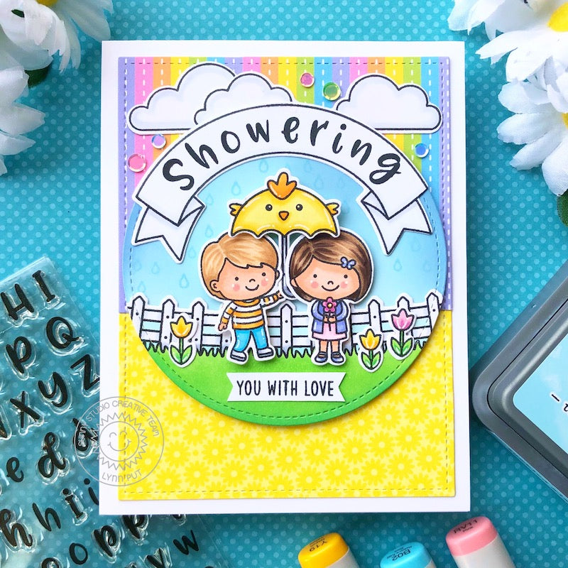 Sunny Studio Stamps Spring Showers Kids with Chick Umbrella Showering You With Love Rainbow Handmade Card by Lynn Put