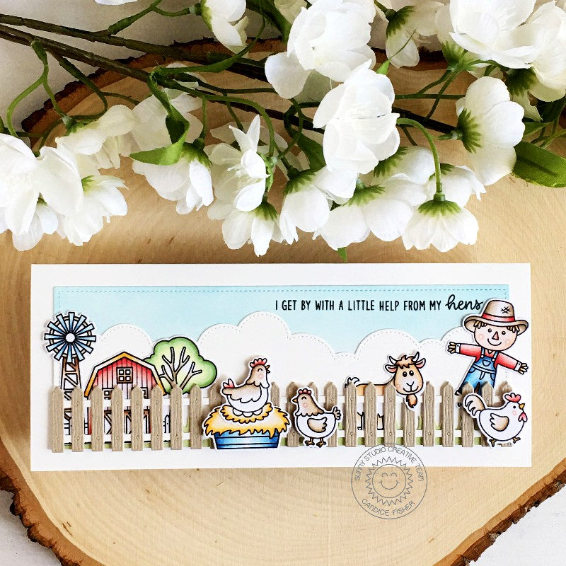 Sunny Studio Stamps Scarecrow & Hens Farm Themed Slimline Card (using Picket Fence Border Metal Cutting Dies)