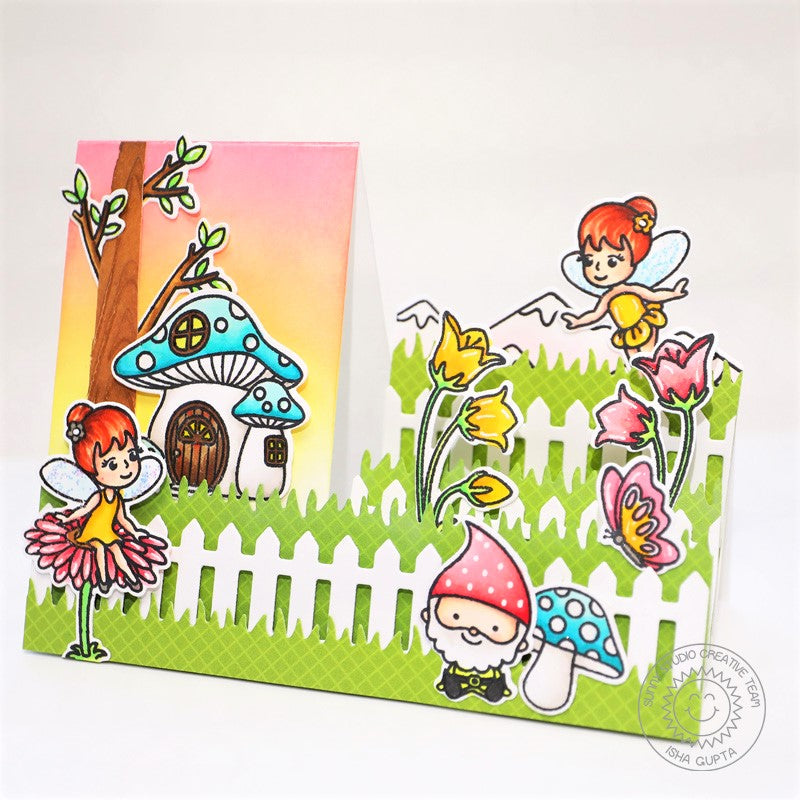 Sunny Studio Mushroom House with Flowers and Grass Borders Step Up Style Card (using Picket Fence Metal Cutting Dies)