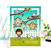 Sunny Studio A Birdie Told Me It's Your Birthday Birdhouse with Tree Branches Spring Card using A Bird's Life Clear Stamps