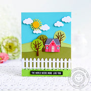 Sunny Studio Stamps The World Needs More Like You House with Cloud, Sunshine and Trees Card (using Picket Fence Metal Cutting Dies)