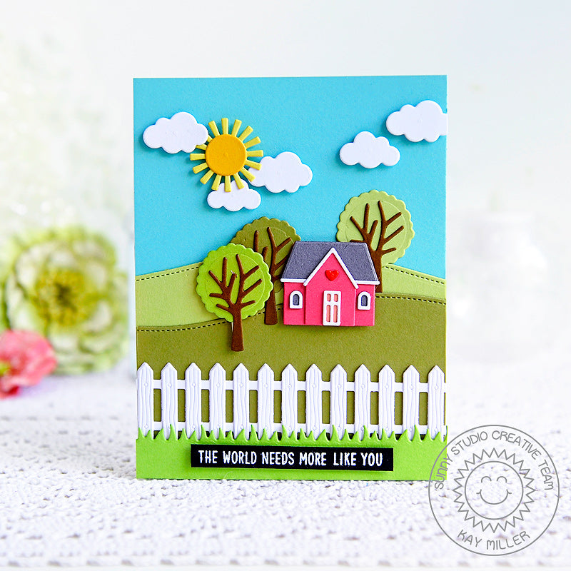 Sunny Studio The World Needs More Like You House with Trees and Picket Fence Card (using Comic Strip Everyday Metal Cutting Dies)