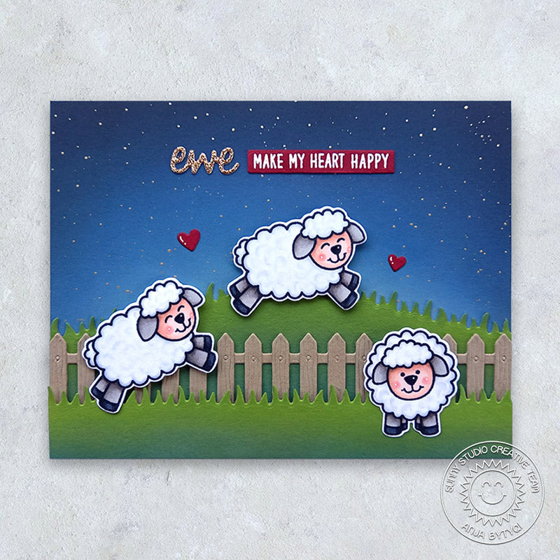 Sunny Studio Stamps Ewe Make My Heart Happy Counting Sheep Card (using Picket Fence Border Cutting Die)