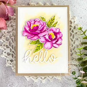 Sunny Studio Floral Watercolor Peony Flower Handmade Spring Hello Card using Pink Peonies 4x6 Photopolymer Clear Stamps