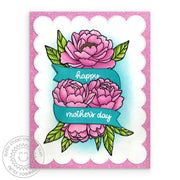 Sunny Studio Pink Peonies Floral Scalloped Mother's Day Card (using Happy Thoughts 4x6 Clear Sentiment Stamps)