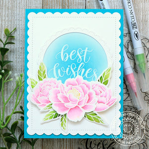 Sunny Studio Best Wishes Watercolor Peony Handmade Wedding Card using Pink Peonies 4x6 Clear Photopolymer Stamps