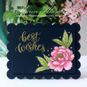 Sunny Studio Navy, Pink & Gold Embossed Floral Peony Flower Handmade Scalloped Spring Card using Pink Peonies Clear Stamps