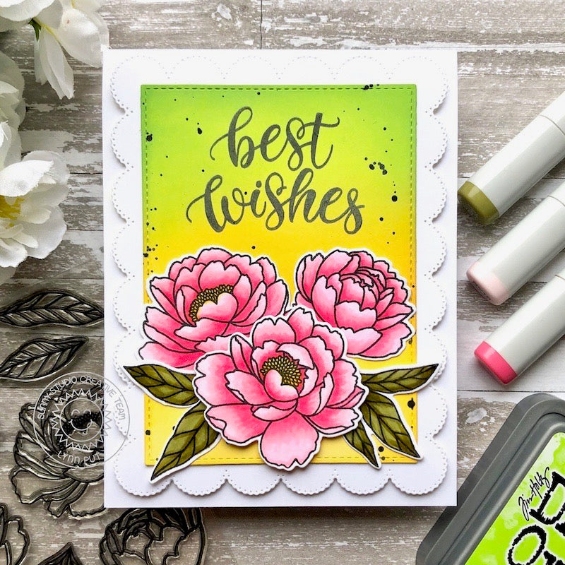 Sunny Studio Best Wishes Ink Splattered Peony Flower Handmade Card using Pink Peonies 4x6 Clear Stamps