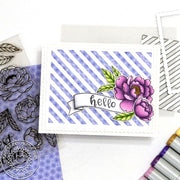 Sunny Studio Spring Hello Purple Peonies Floral Peony Striped Handmade Card (using Phoebe Alphabet Clear Photopolymer Stamps
