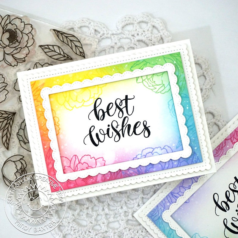 Sunny Studio Rainbow Peony Scalloped Border Handmade Best Wishes Card using Pink Peonies 4x6 Clear Photopolymer Stamps