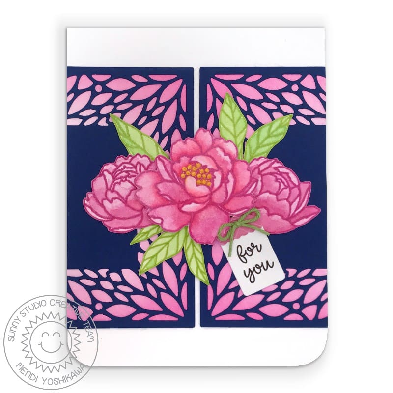 Sunny Studio Pink & Navy Floral Peony Flower Handmade Card (using Pink Peonies 4x6 Clear Stamps)