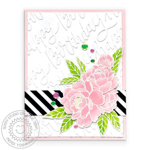 Sunny Studio Black & White Striped Pastel Watercolor Floral Peony Flowers Birthday Card using Pink Peonies 4x6 Clear Stamps