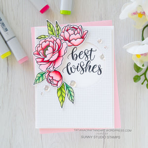 Sunny Studio Stamps Peony Flower Clean & Simple Handmade Best Wishes Card using Pink Peonies 4x6 Clear Photopolymer Stamp Set