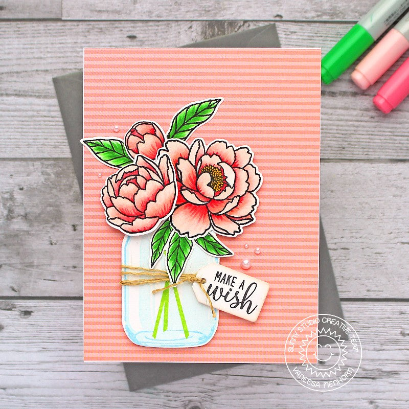 Sunny Studio Peach Peony Flower Bouquet in Mason Jar "Make A Wish" Handmade Birthday Card using Pink Peonies 4x6 Clear Stamps