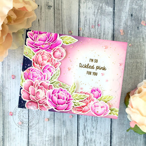 Sunny Studio Stamps Pink Peonies Navy and Pink Floral Border Card by Ashley Ebben