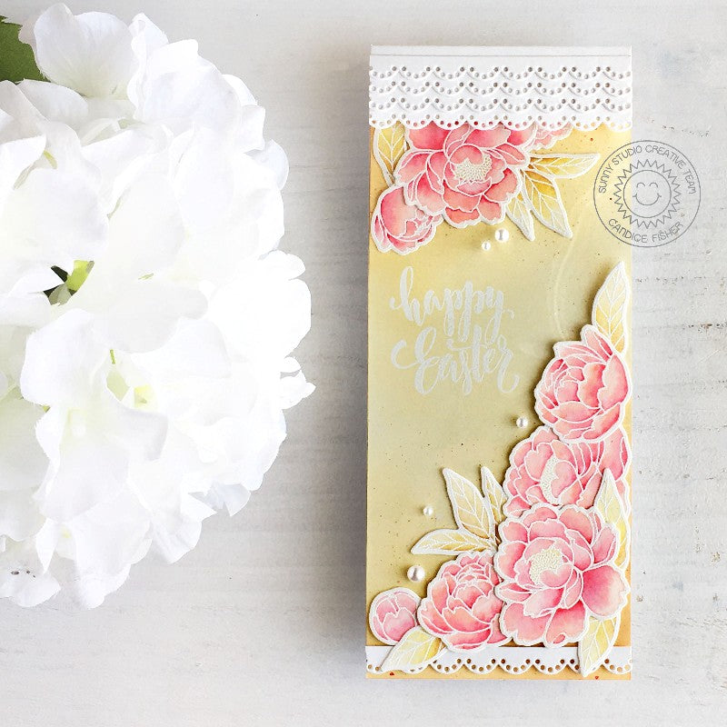 Sunny Studio Yellow Peony Eyelet Lace Handmade Spring Easter Slimline Card by Candice Fisher using Pink Peonies Clear Stamps