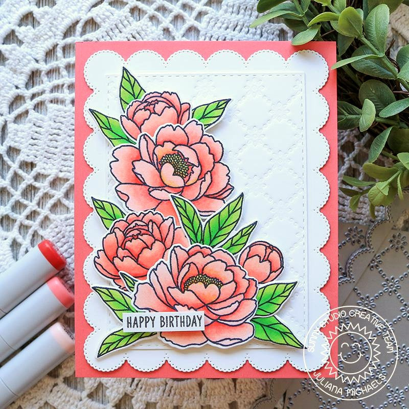 Sunny Studio Stamps Coral Peony Eyelet Lace Embossed Handmade Spring Card by Juliana Michaels using Pink Peonies Clear Stamps