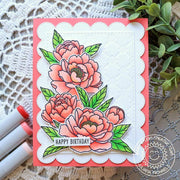 Sunny Studio Stamps Peonies Embossed Scalloped Spring Card using Frilly Frames Eyelet Lace Background Metal Cutting Dies