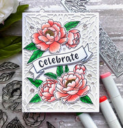 Sunny Studio Stamps Pink Peonies Floral Card with Celebrate Banner (using Phoebe Alphabet Stamps)