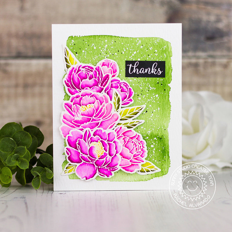 Sunny Studio Watercolor Peony Lime Green & Hot Pink Handmade Spring Thank You Card using Pink Peonies 4x6 Clear Stamps