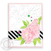 Sunny Studio Stamps Pink Peonies Watercolor Handmade Birthday Card with Black & White Striped Border (using Blooming Frame Background Dies)