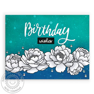 Sunny Studio Stamps Birthday Wishes Teal, Navy Blue, Black & White Peonies Floral Card (using Happy Birthday script greeting from Blooming Frame Dies)