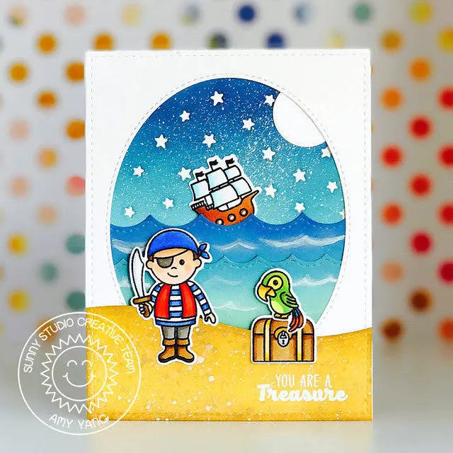 Sunny Studio Stamps You Are A Treasure Pirate with Parrot & Ship Card (with waves using Stitched Scallop metal cutting dies)