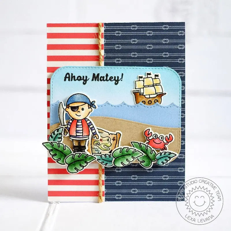 Sunny Studio Stamps Pirate Pals Nautical Themed Card with Ocean Waves using Stitched Scallop border metal cutting dies