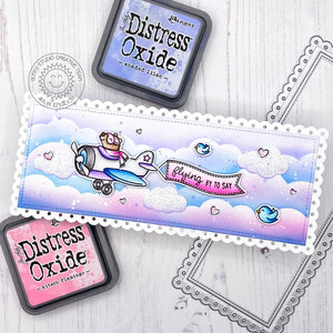 Sunny Studio Lavender & Pink Clouds with Bear Flying Airplane Scalloped Slimline Card (using Plane Awesome 4x6 Clear)