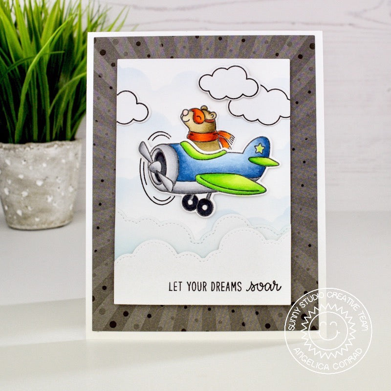 Sunny Studio Stamps Plane Awesome Bear in Airplane Flying Through Clouds Handmade Card by Angelica Conrad