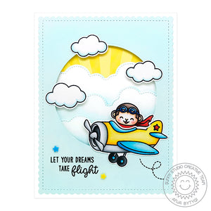 Sunny Studio Stamps Plane Awesome Circular Window Airplane Card with Fluffy Cloud Borders and Yellow Sunburst Paper