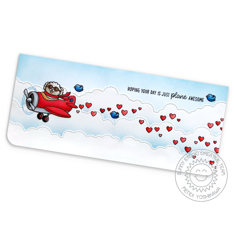 Sunny Studio Stamps Red Airplane with trailing Hearts "Hoping Your Day is Plane Awesome" Punny Handmade Card (using Stitched Fluffy Clouds border Dies)