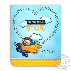 Sunny Studio Stamps Plane Awesome "You Make My Heart Soar" Yellow & Blue Airplane with heart clouds handmade card