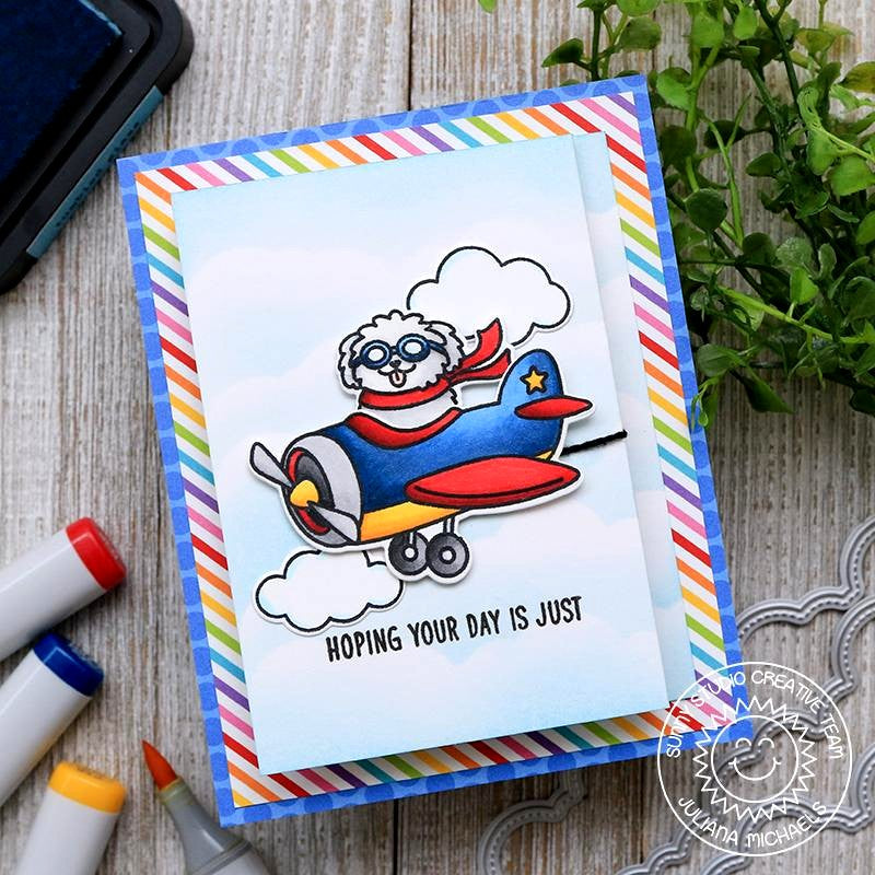 Sunny Studio Stamps Plane Awesome Dog in Airplane Rainbow Striped Handmade Card by Juliana Michaels