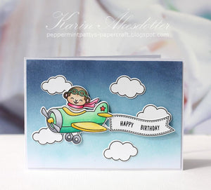 Sunny Studio Stamps Plane Awesome Monkey Flying in Airplane Handmade Birthday Card by Karin
