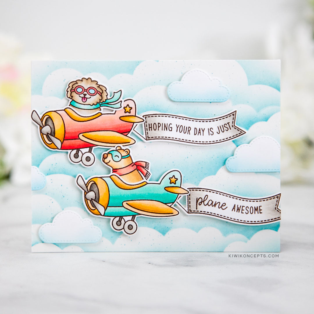 Sunny Studio Stamps Plane Awesome Critters in Airplanes Fluffy Clouds Handmade Card by Kiwi Koncepts
