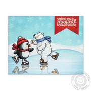 Sunny Studio Stamps Playful Polar Bears & Snow Kissed Penguin Ice Skating with Reflection Winter Holiday Card